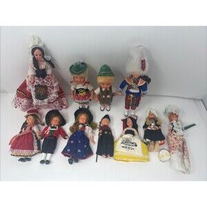 Vintage International Dolls Lot of 11 Miniature Sleepy Eyes Souvenir Dolls LOOK